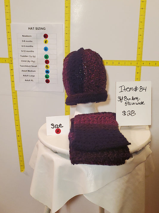 Item #84: Crochet Hat And Scarf Set, Purple, 3' 8" Long 5 1/2" wide, Sized Child (4y-10y), Made With Extra Soft 100% Acrylic Yarn