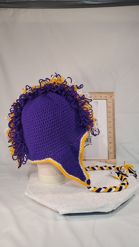 V13: Minnesota Vikings Inspired Crochet Mohawk Hat, Size Adult Extra Large, Made With 100% Acrylic Yarn