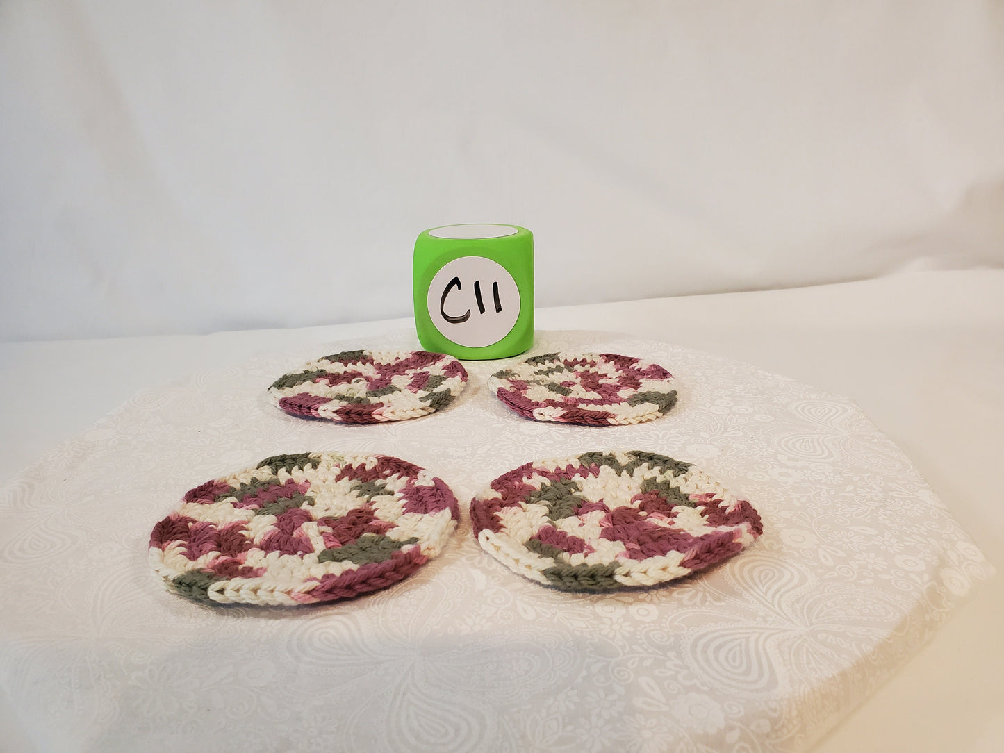 Crochet Coaster Set, Olive Green and White