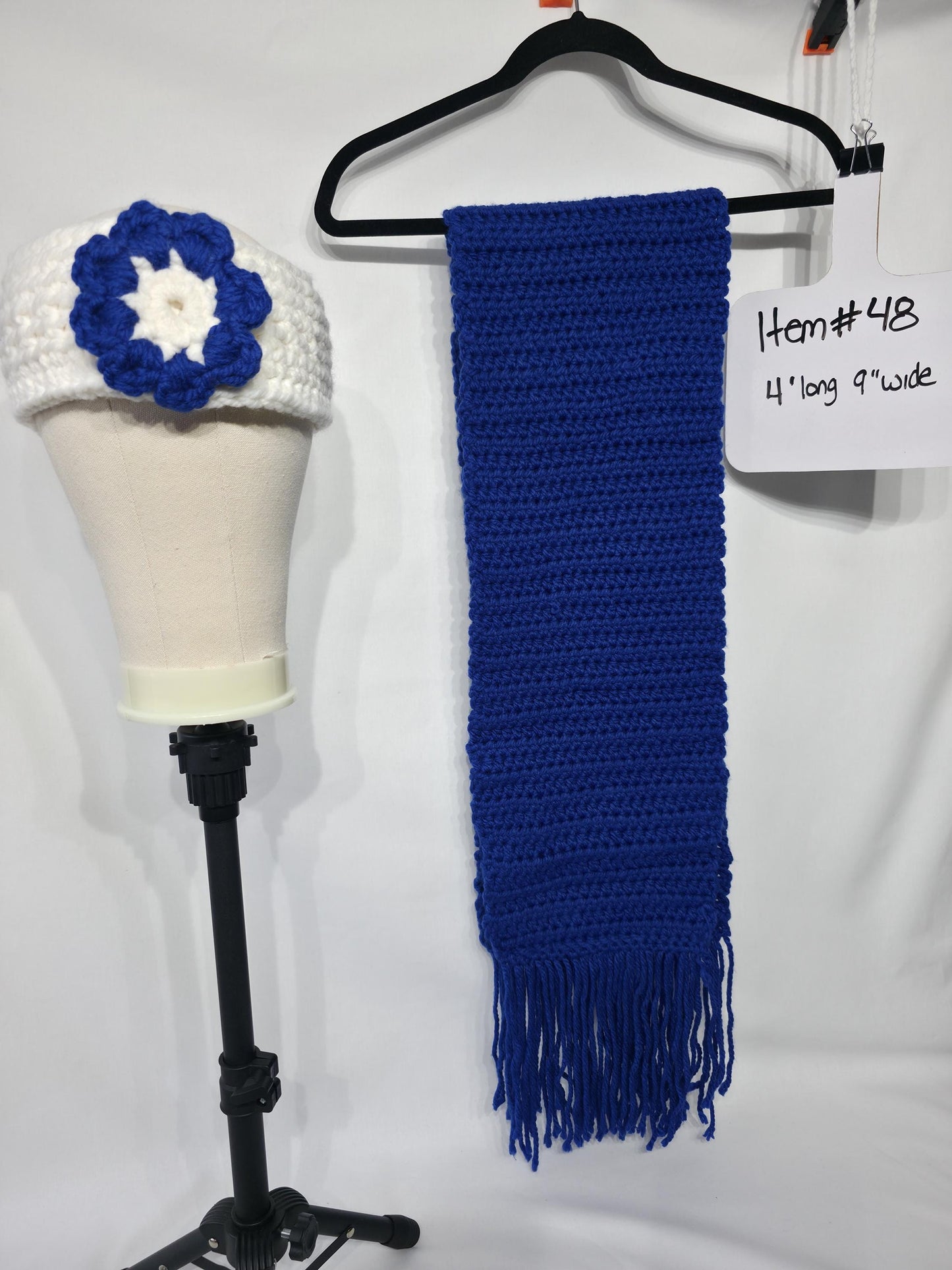 Crochet Scarf and Ear Warmer Set, Blue & White