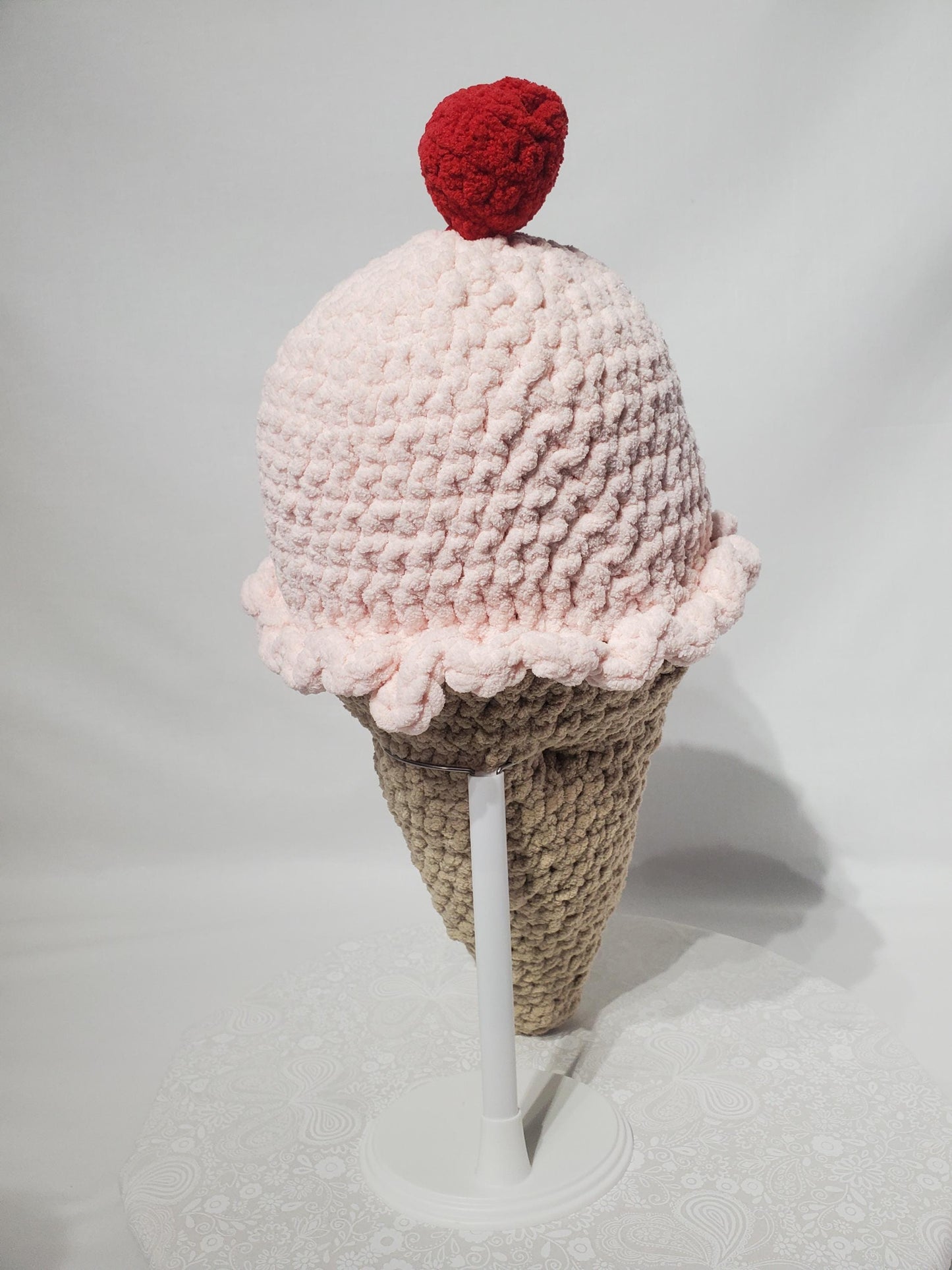 T25: Crochet Ice Cream Cone Plushie / Pillow, made with soft blanket yarn (100% polyester)  and fiber fill, approx. 19" x 8 "
