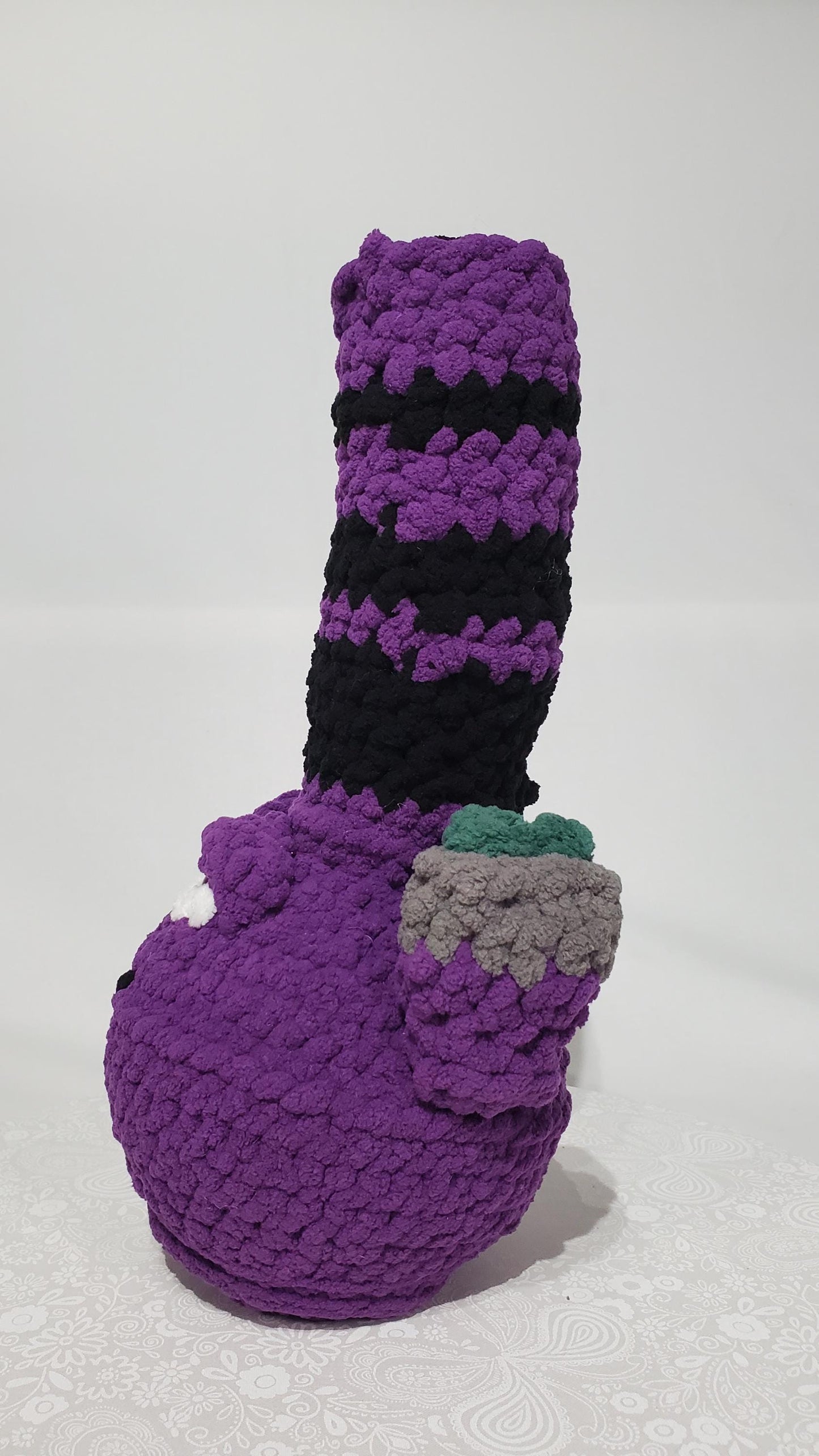 B10: Crochet Bong, Purple and Black, made with safety eyes, soft 100% polyester yarn, approx. 13" x 5", approx. 9 oz