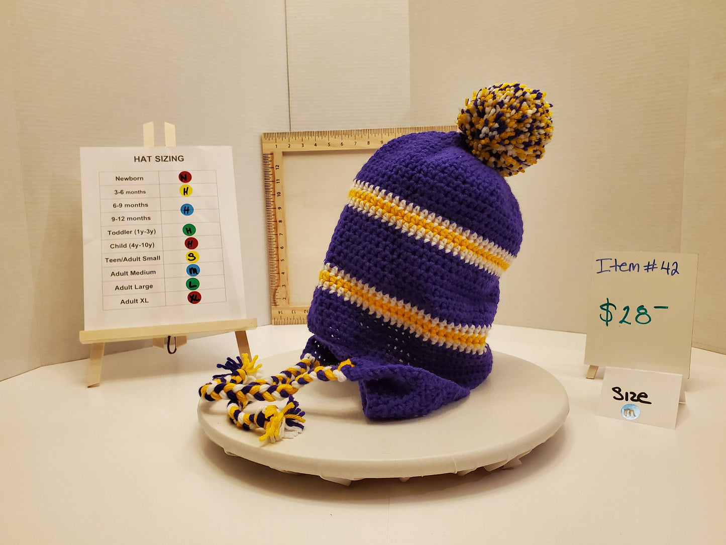 Item #42: MN Vikings Inspired Crochet Ear Flap Hat, Size - Adult Large, Made From 100% Acrylic Yarn