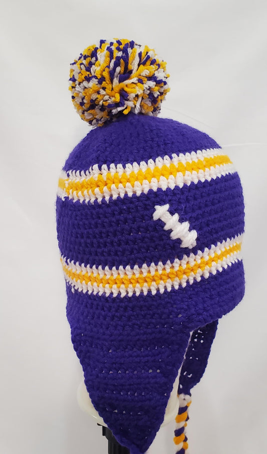 Item #26: MN Vikings Inspired Crochet Ear Flap Hat, Size - Adult Medium, Made From 100% Acrylic Yarn