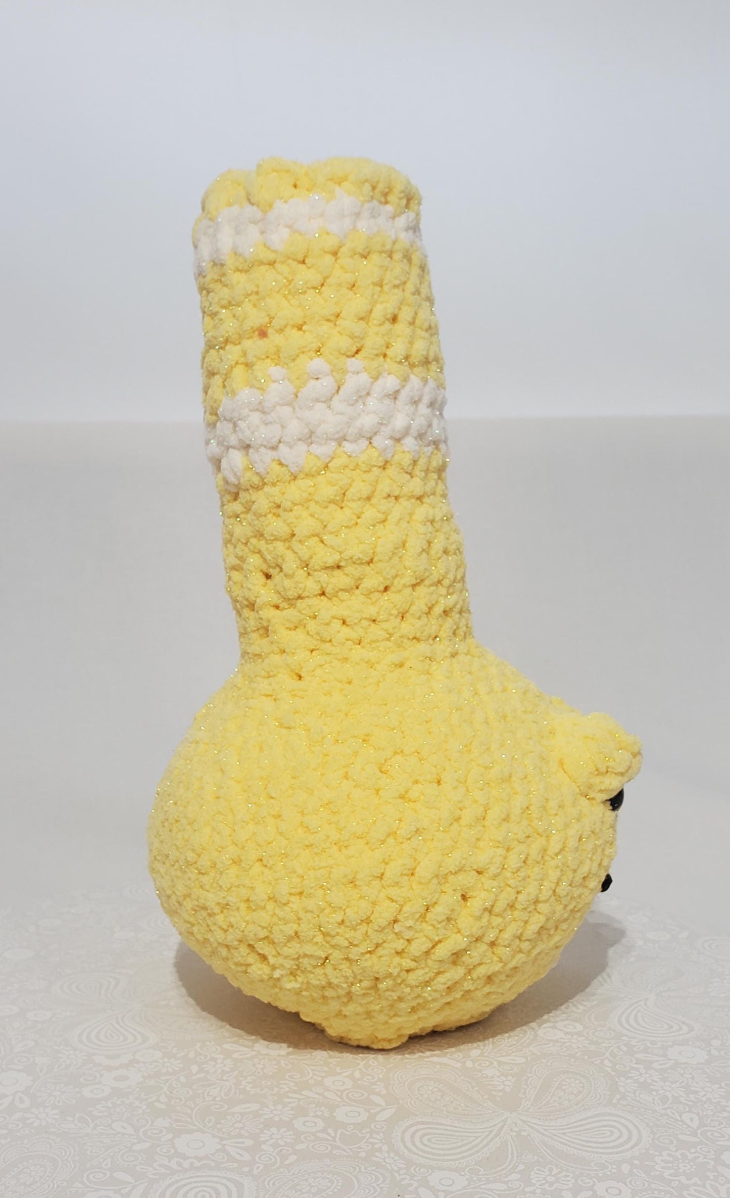 B16: Crochet Bong, yellow and white, made with safety eyes, soft 100% polyester yarn, approx. 12" x 7", approx. 11 oz