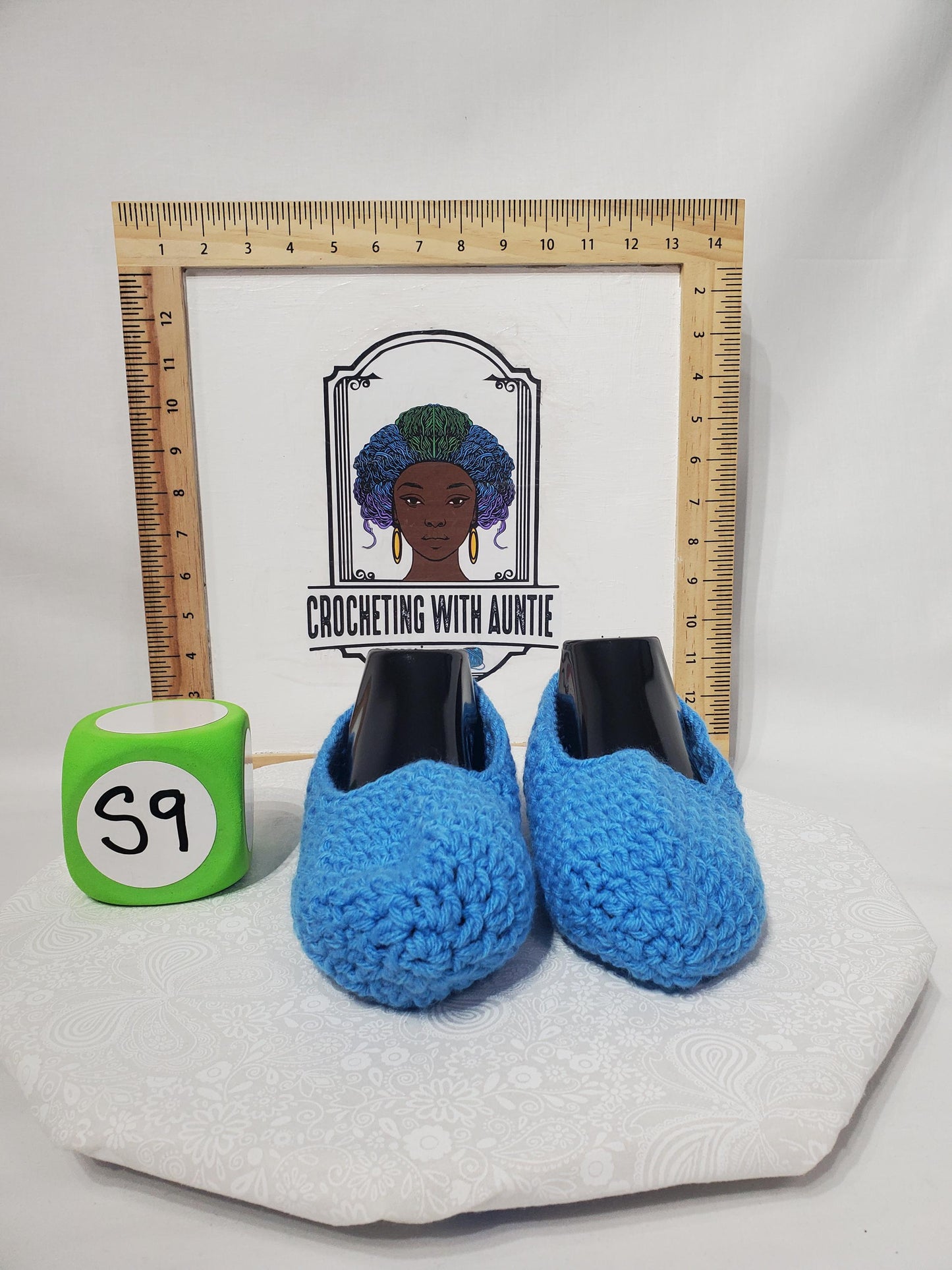 Item #9: Crochet slippers, Light Blue / Baby Blue, Size men's 7/8,  Size women's 9/10, made with 100% Acrylic yarn