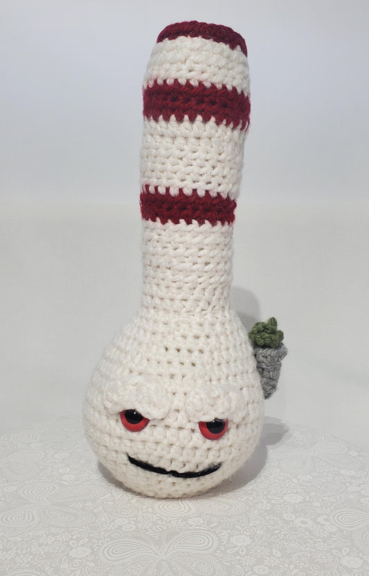 B12: Crochet Bong, White and Maroon, made with thick, 100% acrylic yarn, and safety eyes, approx. 14" x 6", 11 oz