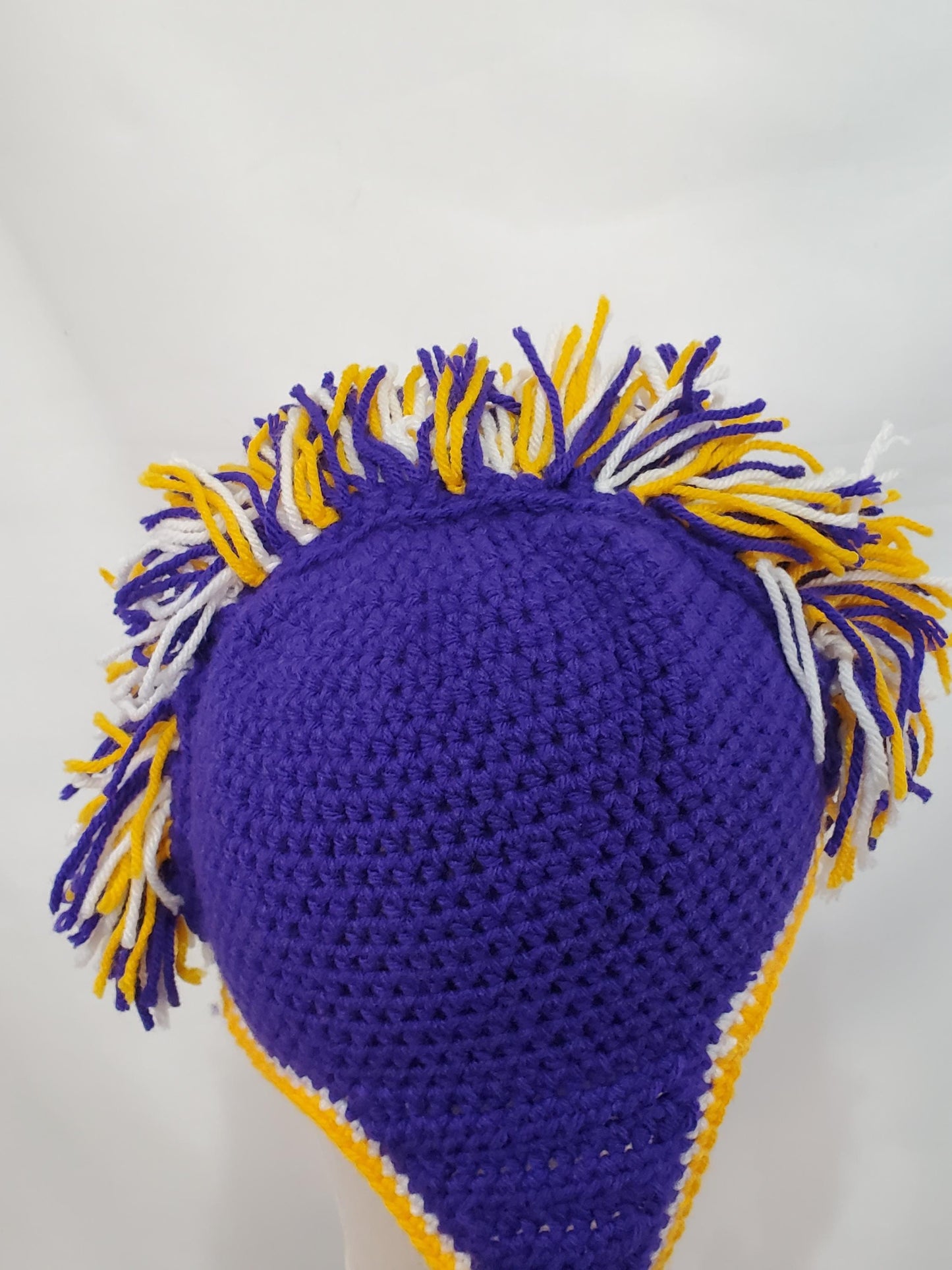 Item #38: MN Vikings Inspired Crochet Mohawk Hat, Size Child (4y-10y), Made From 100% Acrylic Yarn
