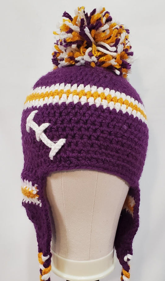 Item #43: MN Vikings Inspired Crochet Ear Flap Hat, Toddler Sized, Made From 100% Acrylic Yarn