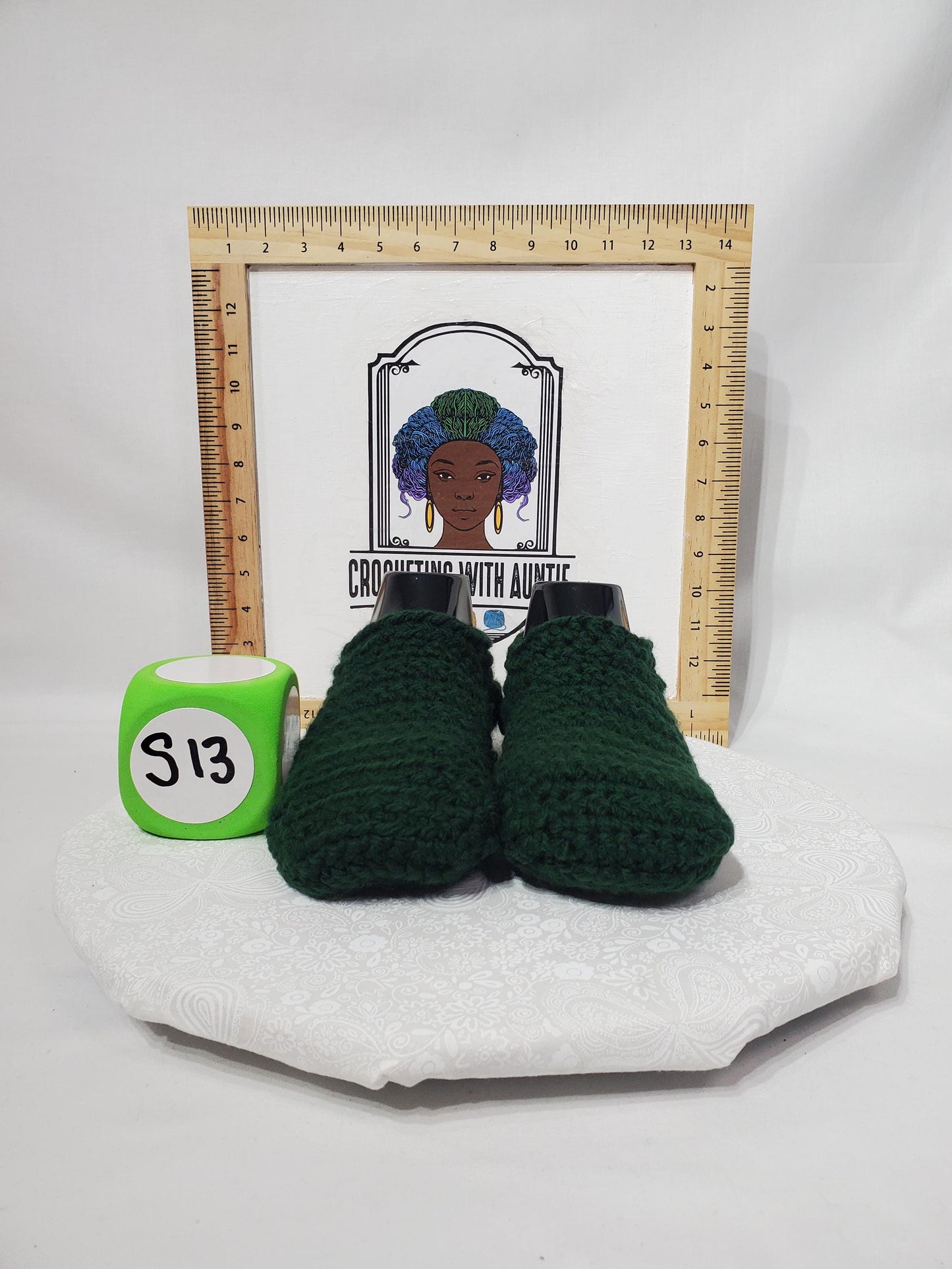 Crochet Slippers, Dark Green, Women's Size 7/8, Men's Size 5/6