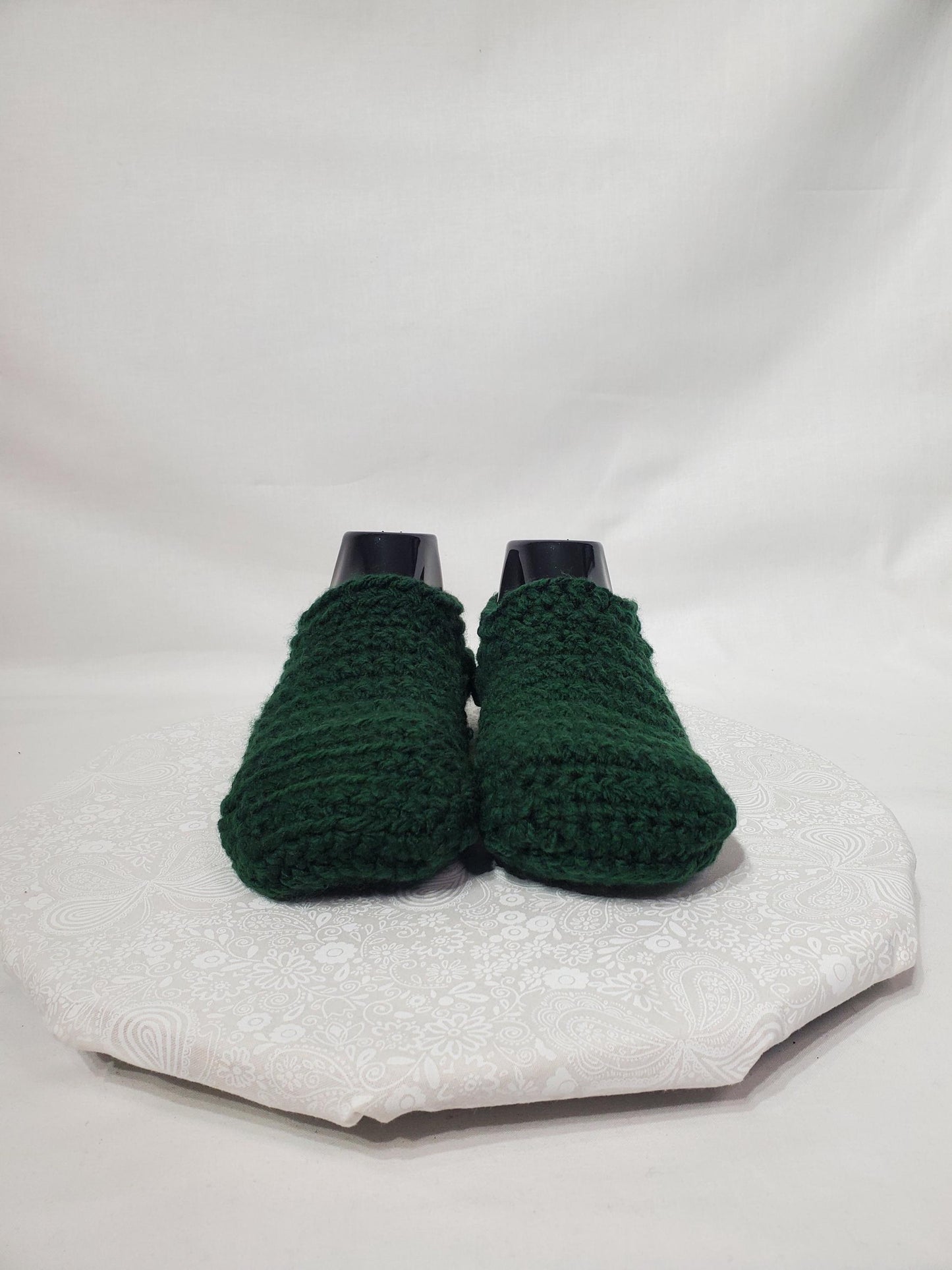 Crochet Slippers, Dark Green, Women's Size 7/8, Men's Size 5/6
