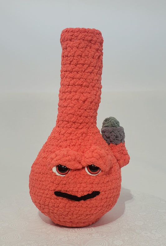 B17: Crochet Bong, Orange, made with soft 100% polyester blanket yarn and safety eyes, approx. 12" x 6", 11 oz
