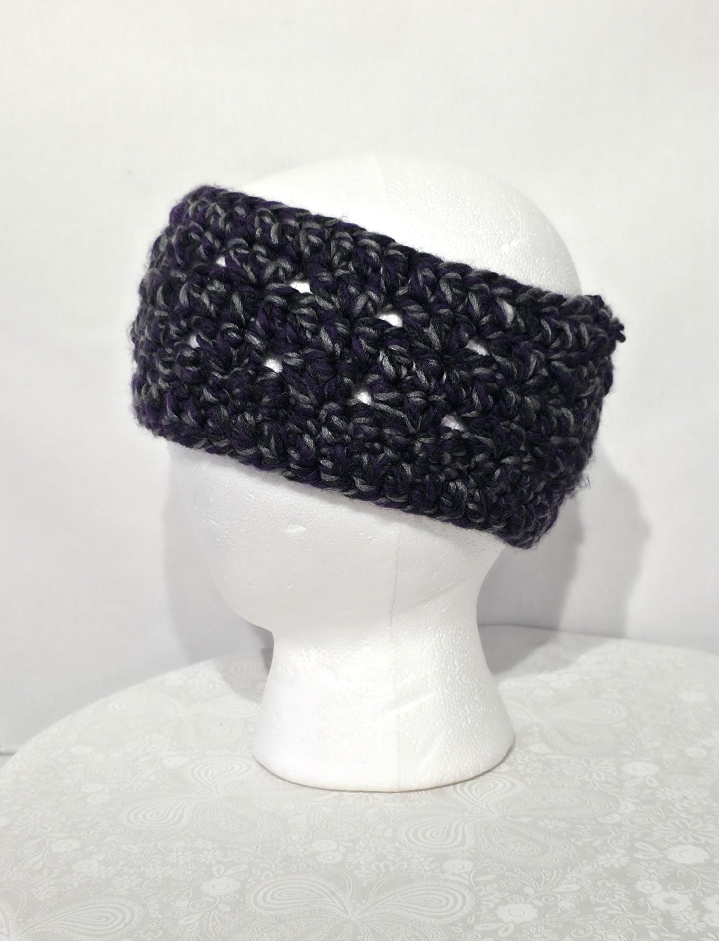 Crochet Ear Warmer and Scarf, Purple And Gray