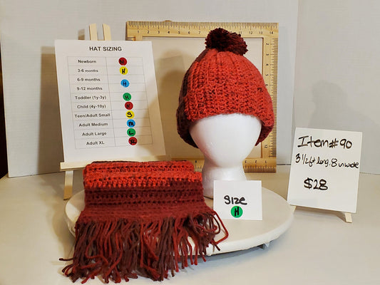 Item #90: Crochet Hat And Scarf Set, Various Reds, Size Toddler (1y-3y ), 3 1/2' Long, 8" Wide
