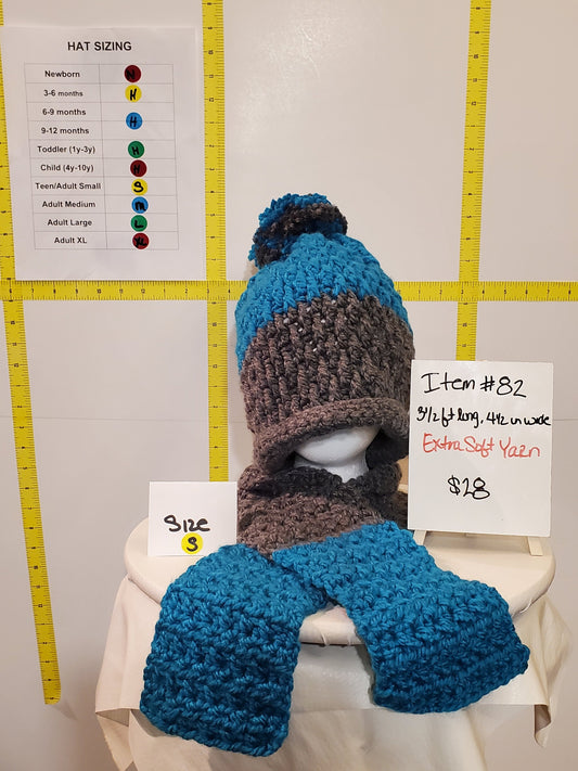Item #82: Crochet Scarf and Hat Set, Grey And Teal, 3 1/2 Long, 4 1/2" Wide, Teen/Adult Small, Made With Extra Soft 100% Acrylic Yarn