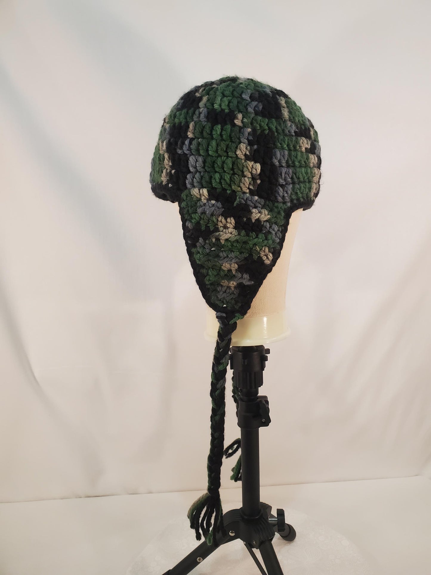 Item #99: Crochet Ear Flap Hat, Camo, Child (4y-10y), Made With Chunky 100% Acrylic Yarn