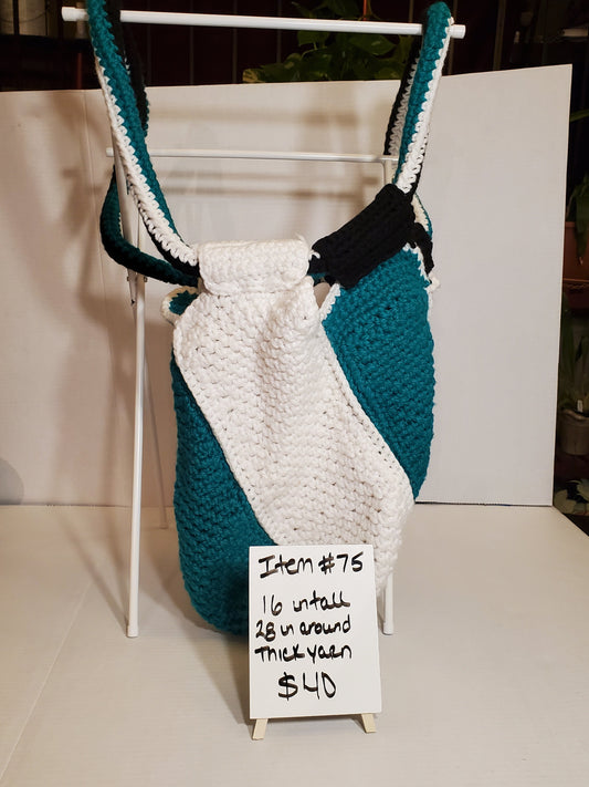 Item #75: Crochet Tote, Teal, Black And White, 16" Tall 28" Around, Made With 100% Chunky Acrylic Yarn