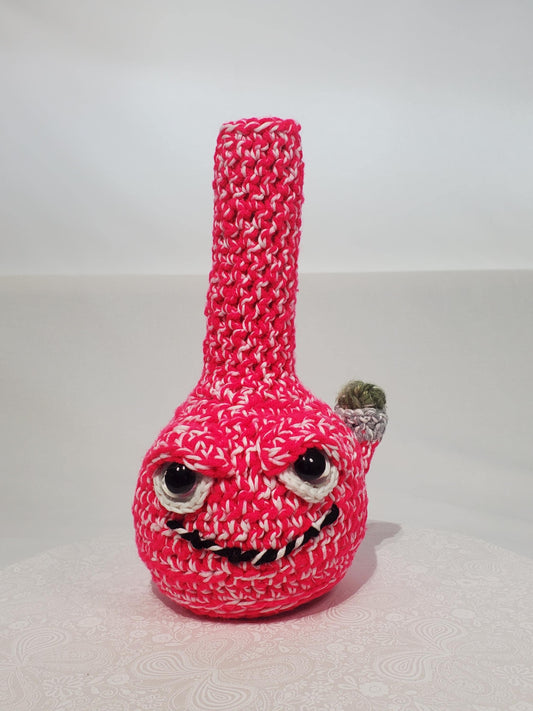 B1: Crochet Bong, Pink and White - GLOWS IN DARK, made with acrylic and cotton yarn, has safety eyes, approx. 10" x 5", 8 oz