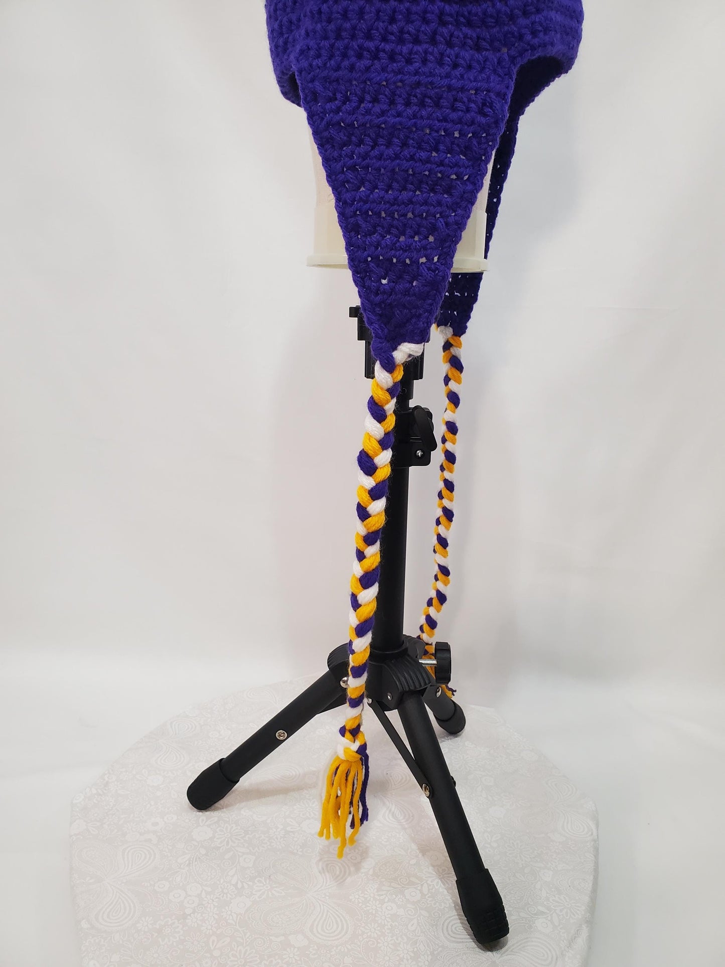 Item #30: MN Vikings Inspired Crochet Ear Flap Hat, Size - Adult Medium, Made From 100% Acrylic Yarn