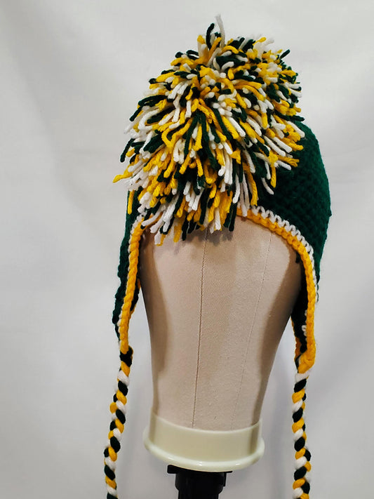 Item #32: Green Bay Packers Inspired Crochet Mohawk Hat, Size Teen/ Adult Small, Made From 100% Acrylic Yarn