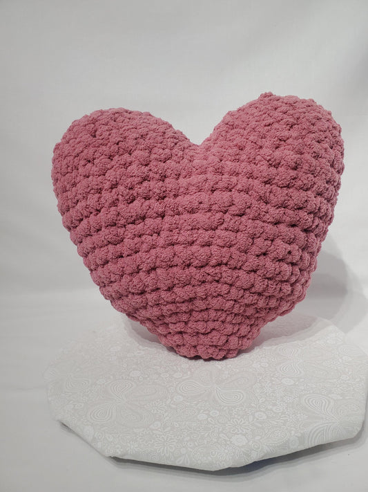 T29: Crochet Heart Pillow / Stuffy, mauve / pink, made with soft blanket yarn (100% polyester) and safety eyes, approx. 14" x 13", 1 lb