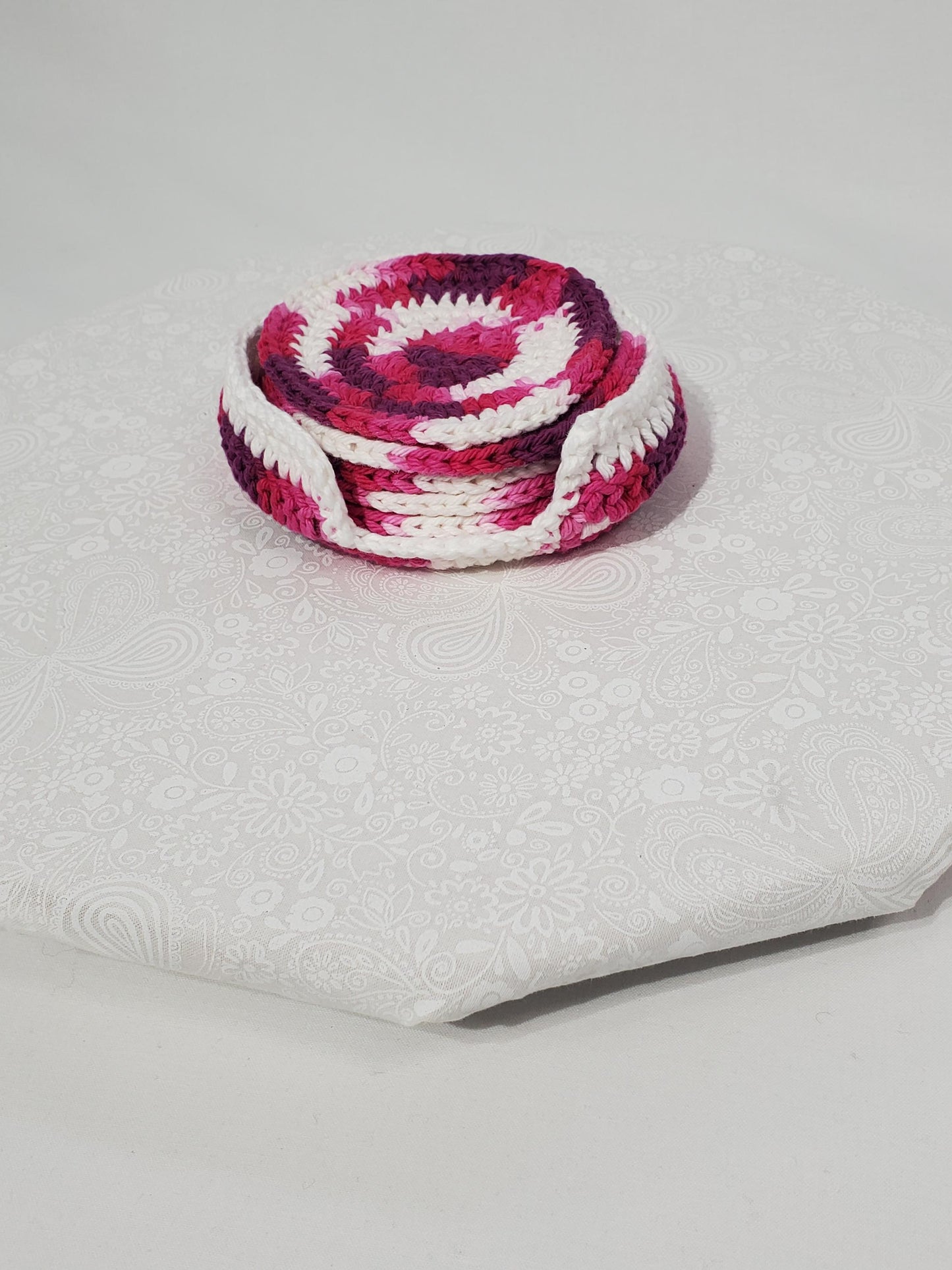 Crochet Coaster Set, Berry Swirl & White