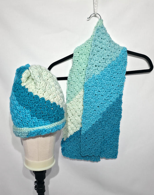 Crochet Hat and Scarf Set, Multi Colors of Blue