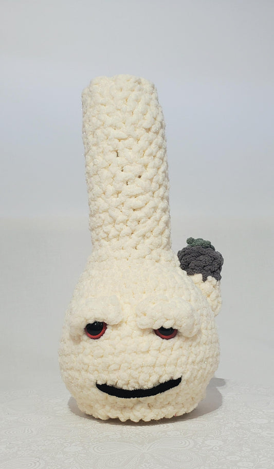 B13: Crochet Bong, Sparkle White, made with 100% polyester, soft blanket yarn, and safety eyes, approx. 12" x 5", 11 oz
