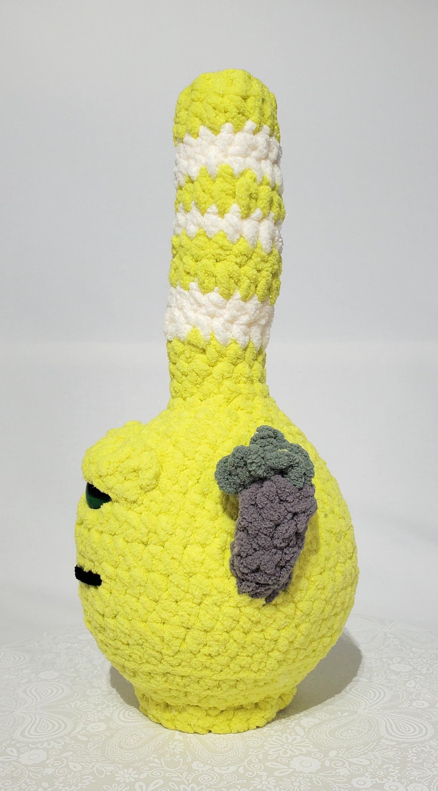 B4: Crochet Bong, Sparkle Lime Green and White, made with 100% polyester, soft blanket yarn, approx. 13" x 5", 10 oz