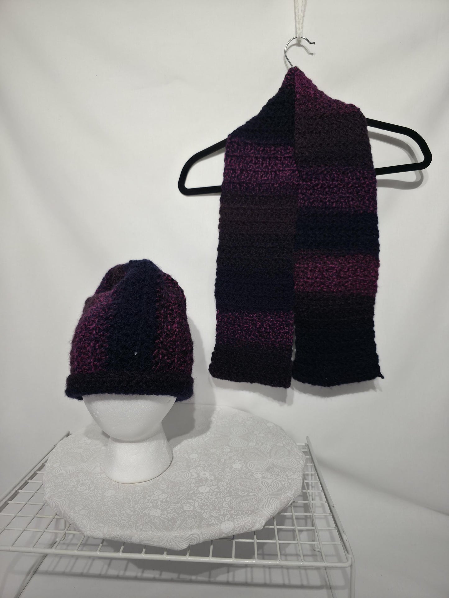 Crochet Hat and Scarf Set, Purple to Black Ombre