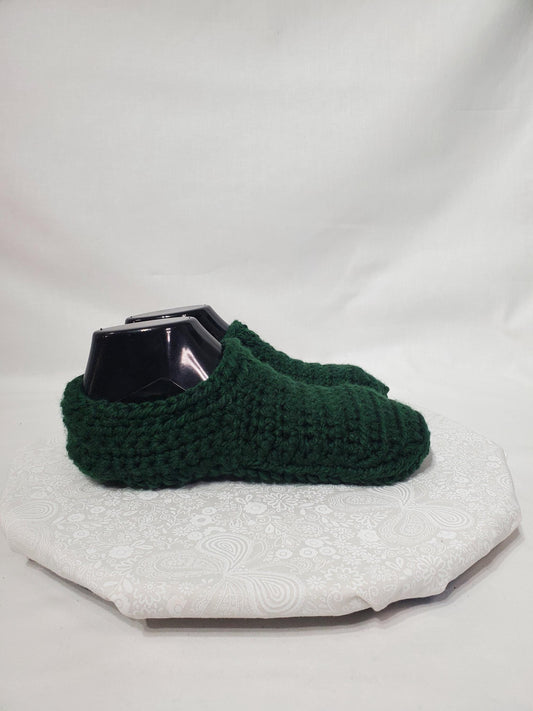 Crochet Slippers, Dark Green, Women's Size 7/8, Men's Size 5/6