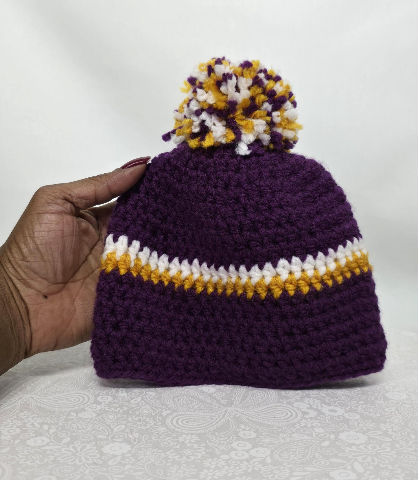 MN Vikings Inspired Crochet Beanie With A Pom,