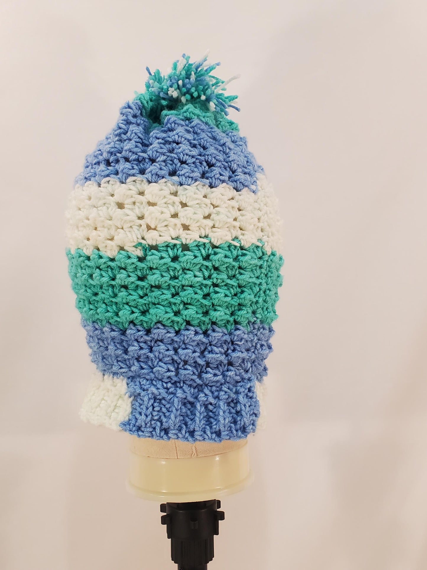 Crochet Hat and Scarf Set, Blue, White and Green