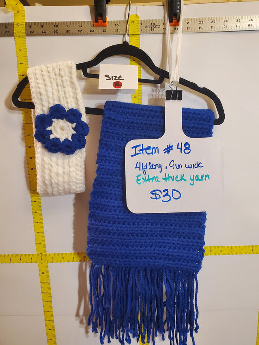 Item #48: Crochet Scarf and  Ear Warmer Set, Blue & White