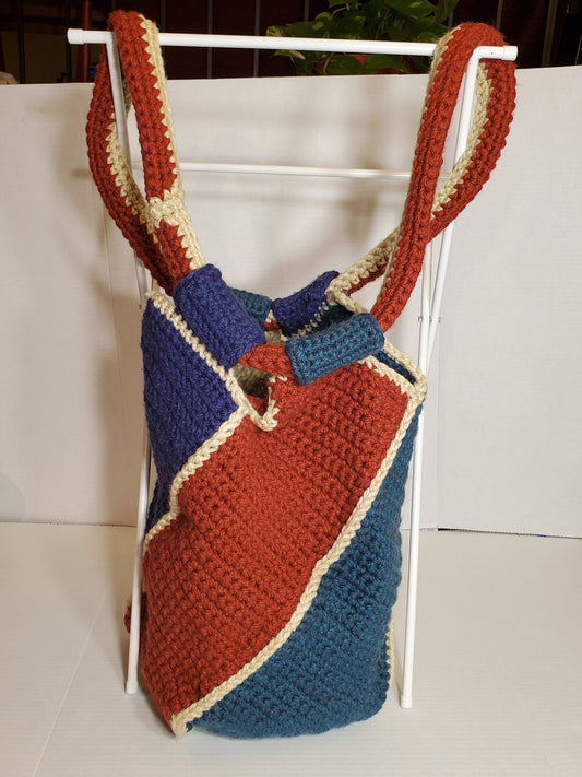 Item #73: Crochet Tote, Maroon, Tan and Blue, 18" Tall 32" Around, Made With Chunky 100% Acrylic Yarn