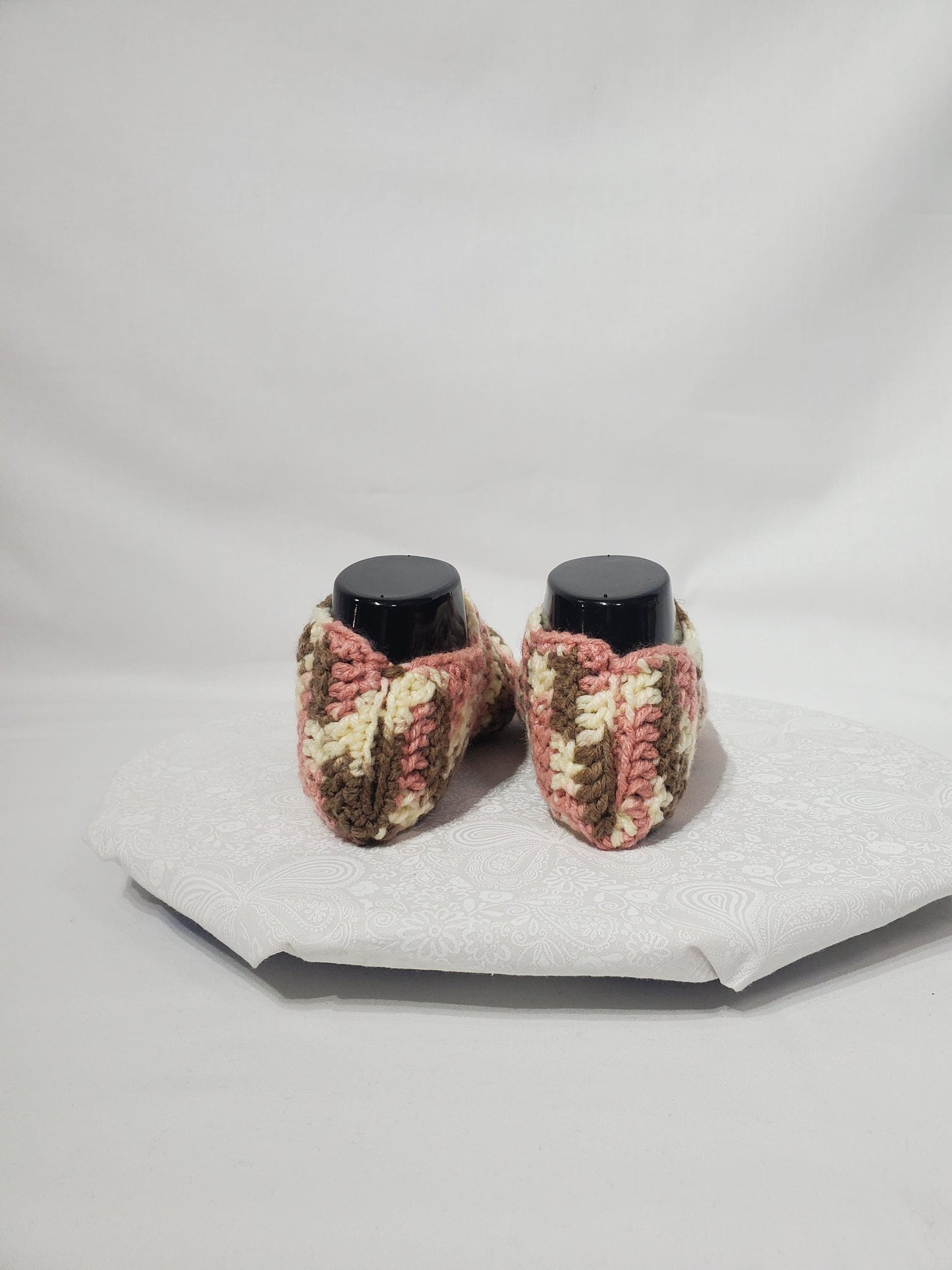 Item #6: Crochet slippers, Women's 9/10 - Men's 7/8, Brown pink and off white,  100% acrylic yarn