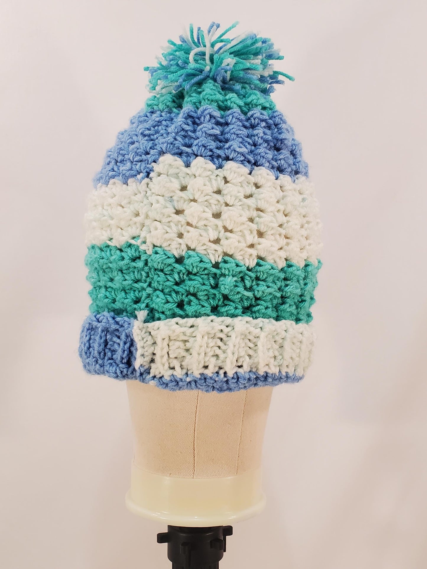 Crochet Hat and Scarf Set, Blue, White and Green