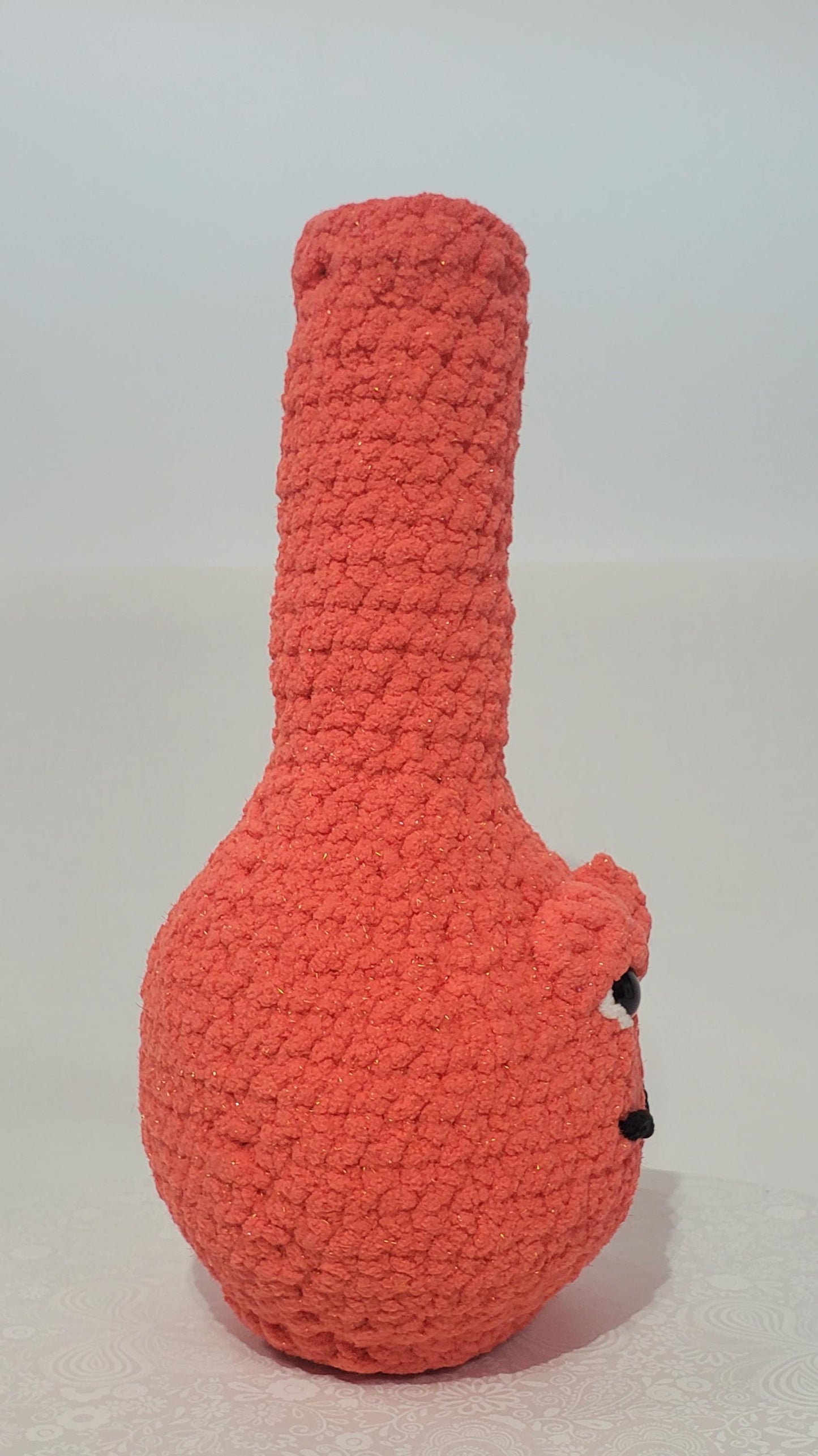 B17: Crochet Bong, Orange, made with soft 100% polyester blanket yarn and safety eyes, approx. 12" x 6", 11 oz