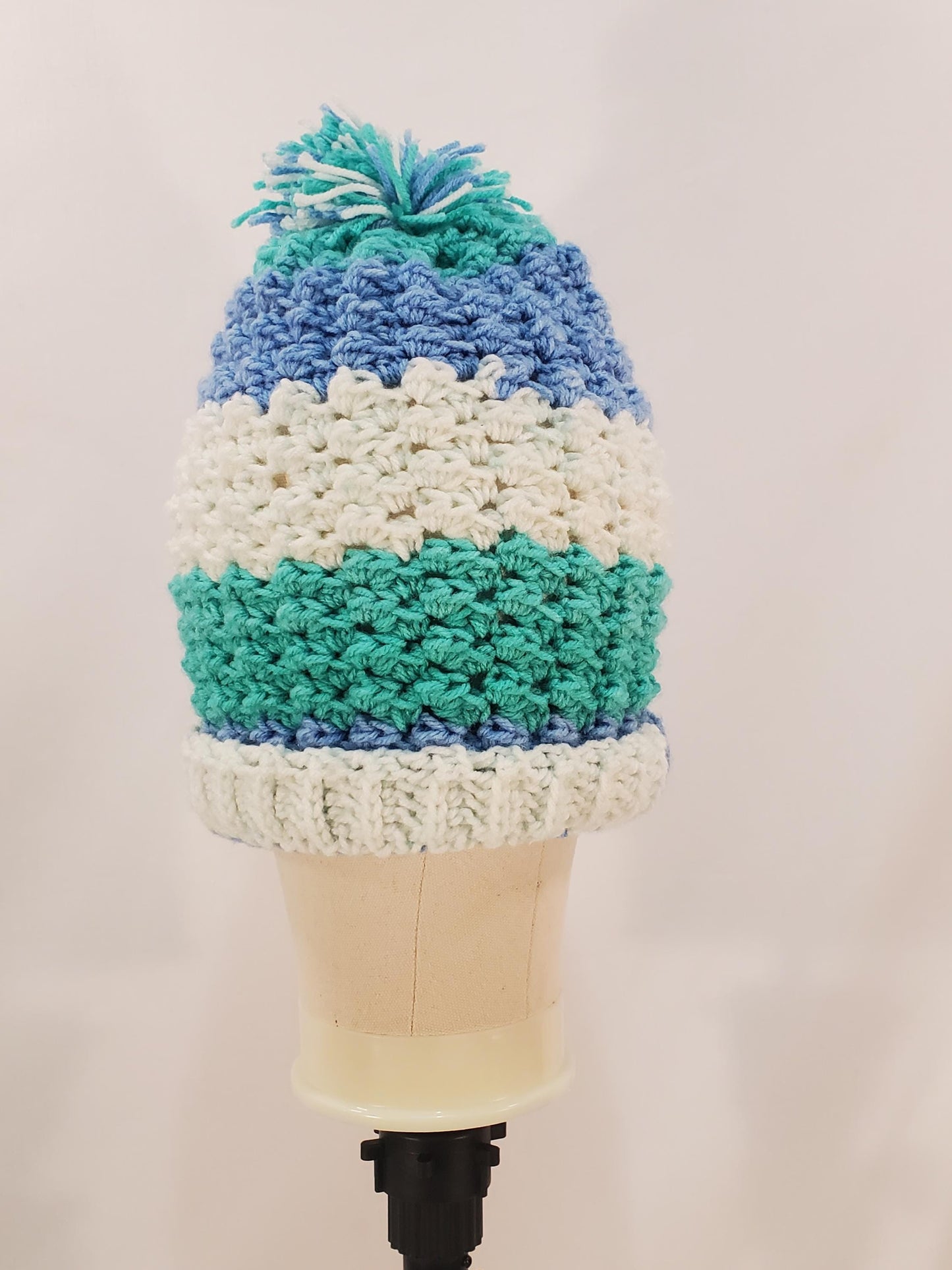 Crochet Hat and Scarf Set, Blue, White and Green