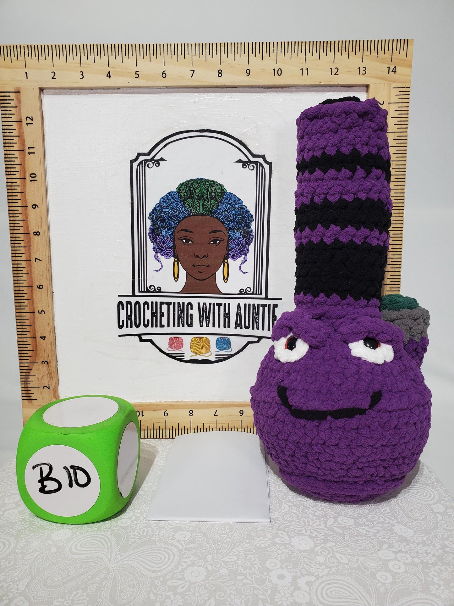 B10: Crochet Bong, Purple and Black, made with safety eyes, soft 100% polyester yarn, approx. 13" x 5", approx. 9 oz