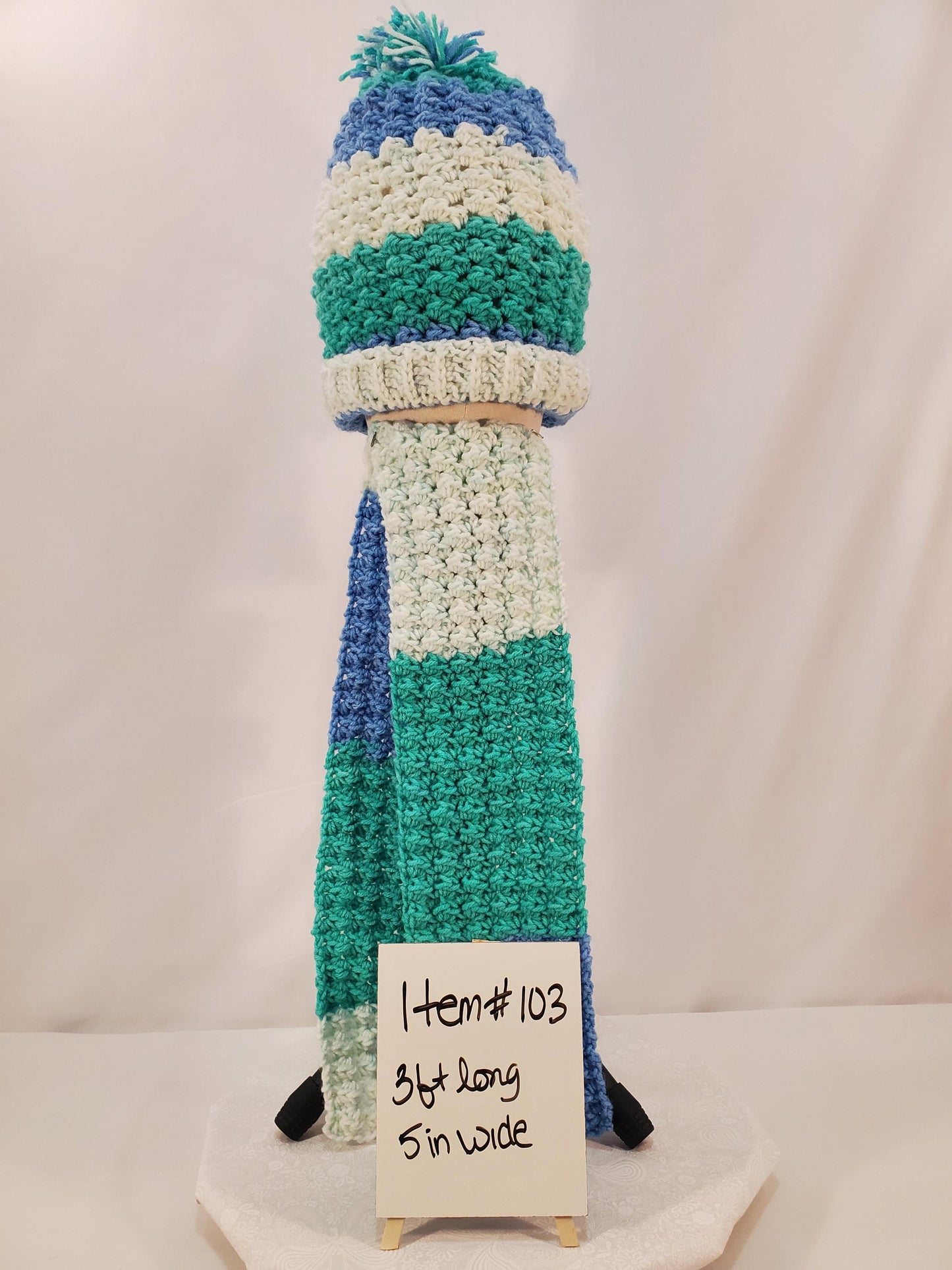 Crochet Hat and Scarf Set, Blue, White and Green
