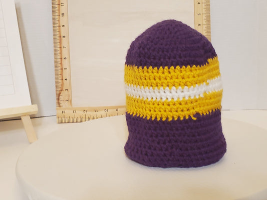 Item #41: MN Vikings Inspired Crochet Beanie, Size 6-9 Months, Made From 100% Acrylic Yarn