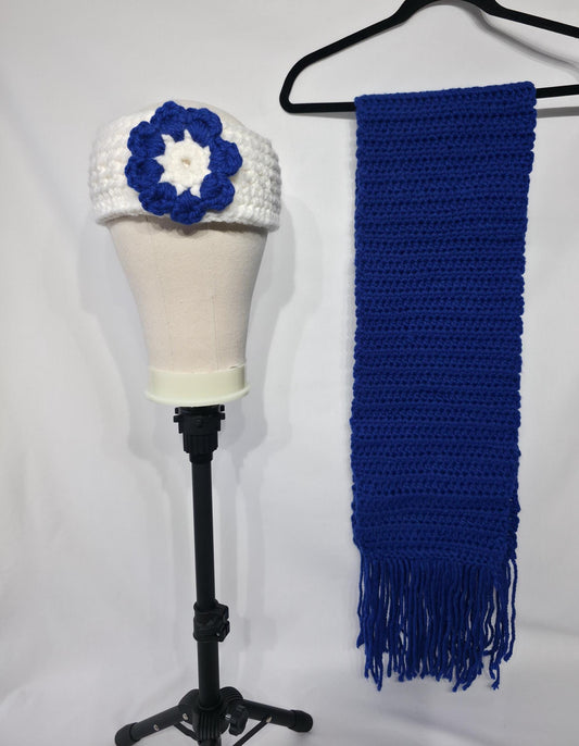 Crochet Scarf and Ear Warmer Set, Blue & White