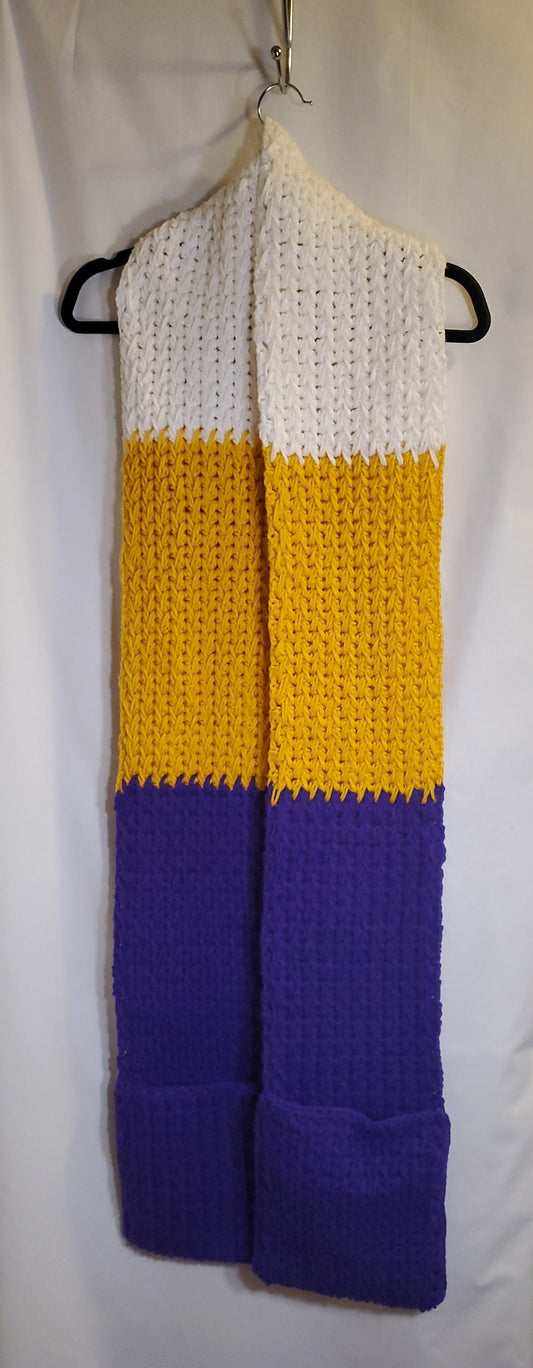 V5: MN Vikings Inspired Scarf with Pockets, 8' long, 7" wide, pockets 9" deep, thick and warm, made with 100% acrylic yarn.