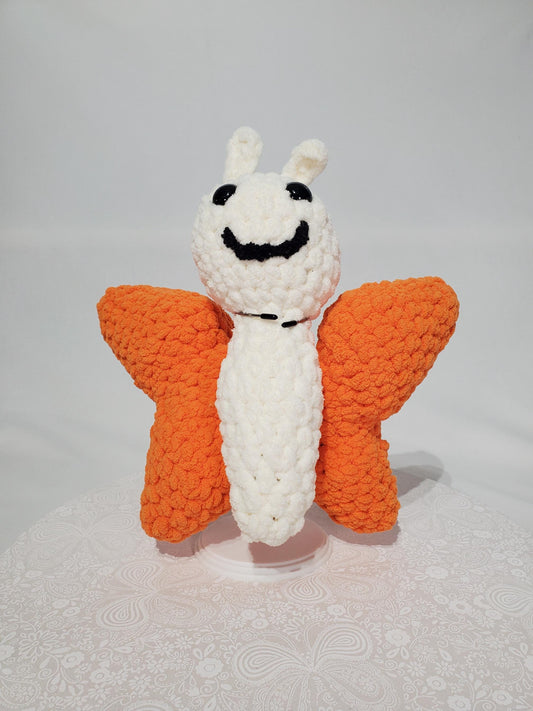 T5: Crochet Butterfly Stuffy / Plush Toy, white and orange, made with soft blanket yarn (100% polyester) and safety eyes