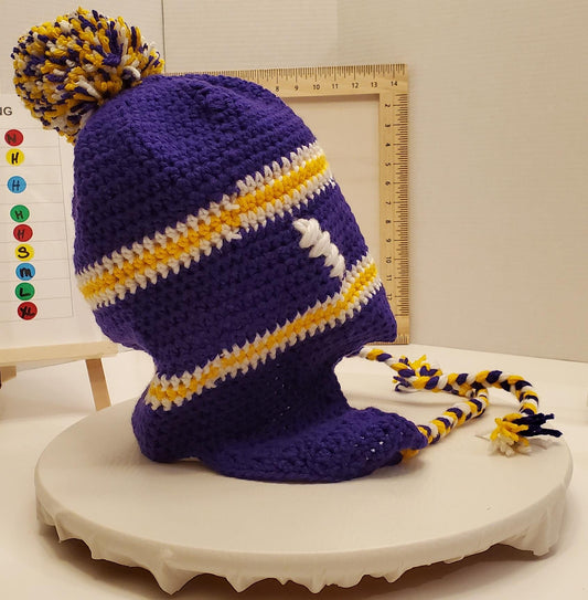 Item #42: MN Vikings Inspired Crochet Ear Flap Hat, Size - Adult Large, Made From 100% Acrylic Yarn