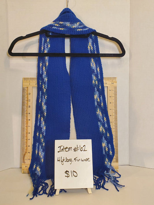 Item #62: Crochet Scarf, Blue, 4 Ft Long, 5 In Wide, Made With 100% Acrylic Yarn