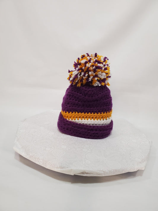 Item #80: Minnesota Vikings Inspired Crochet Hat with A Pom, Size 6 To 12 Months, Made With Chunky 100% Acrylic Yarn