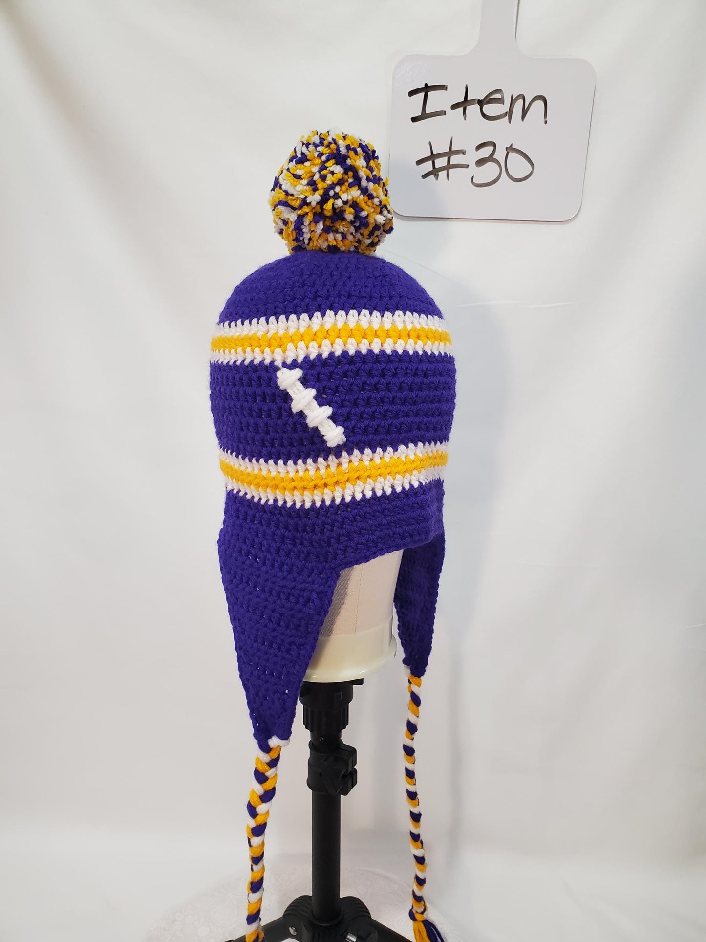 Item #30: MN Vikings Inspired Crochet Ear Flap Hat, Size - Adult Medium, Made From 100% Acrylic Yarn