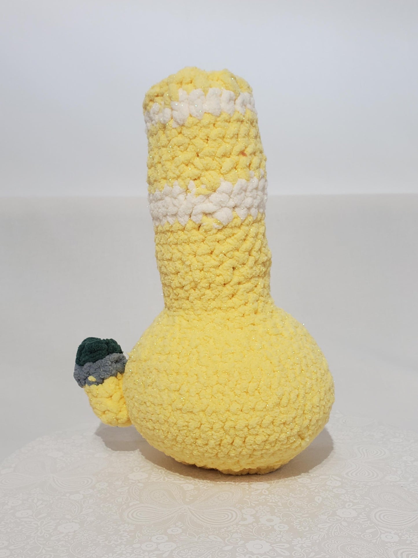 B16: Crochet Bong, yellow and white, made with safety eyes, soft 100% polyester yarn, approx. 12" x 7", approx. 11 oz